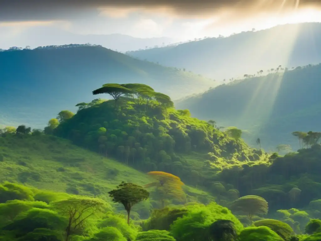 Técnicas sostenibles de explotación de Ópalo en Etiopía: Vista panorámica de un exuberante bosque verde que destaca la conservación y reforestación