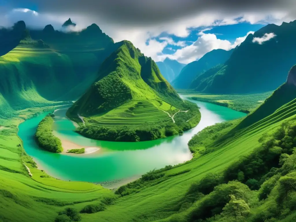 Un paisaje exuberante y montañas imponentes, reflejando la armonía entre naturaleza y minería sostenible