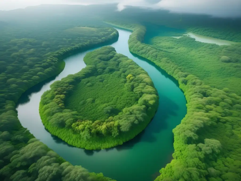 Técnicas sostenibles en minería subterránea: Vista aérea de exuberante paisaje verde, río serpenteante, biodiversidad y prácticas sustentables