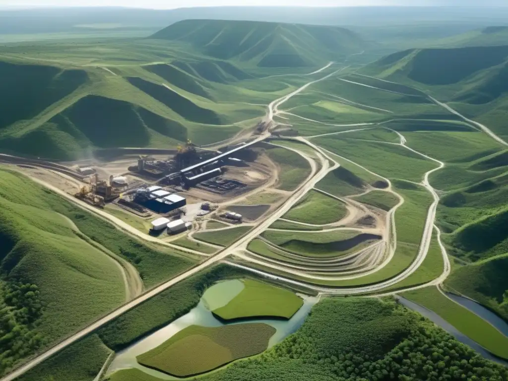 Impacto social de la minería en América: Vista aérea impresionante de una mina rodeada de exuberante paisaje, maquinaria masiva y comunidad cercana